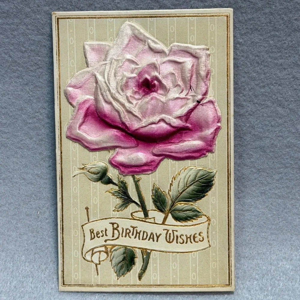 Pink Roses Embossed Best Birthday‎ Wishes Printed in Germany c1900s POSTCARD